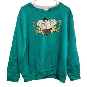 BonWorth Christmas Snowman Cupcake Sweatshirt Petite XL Green Holiday 90s VTG